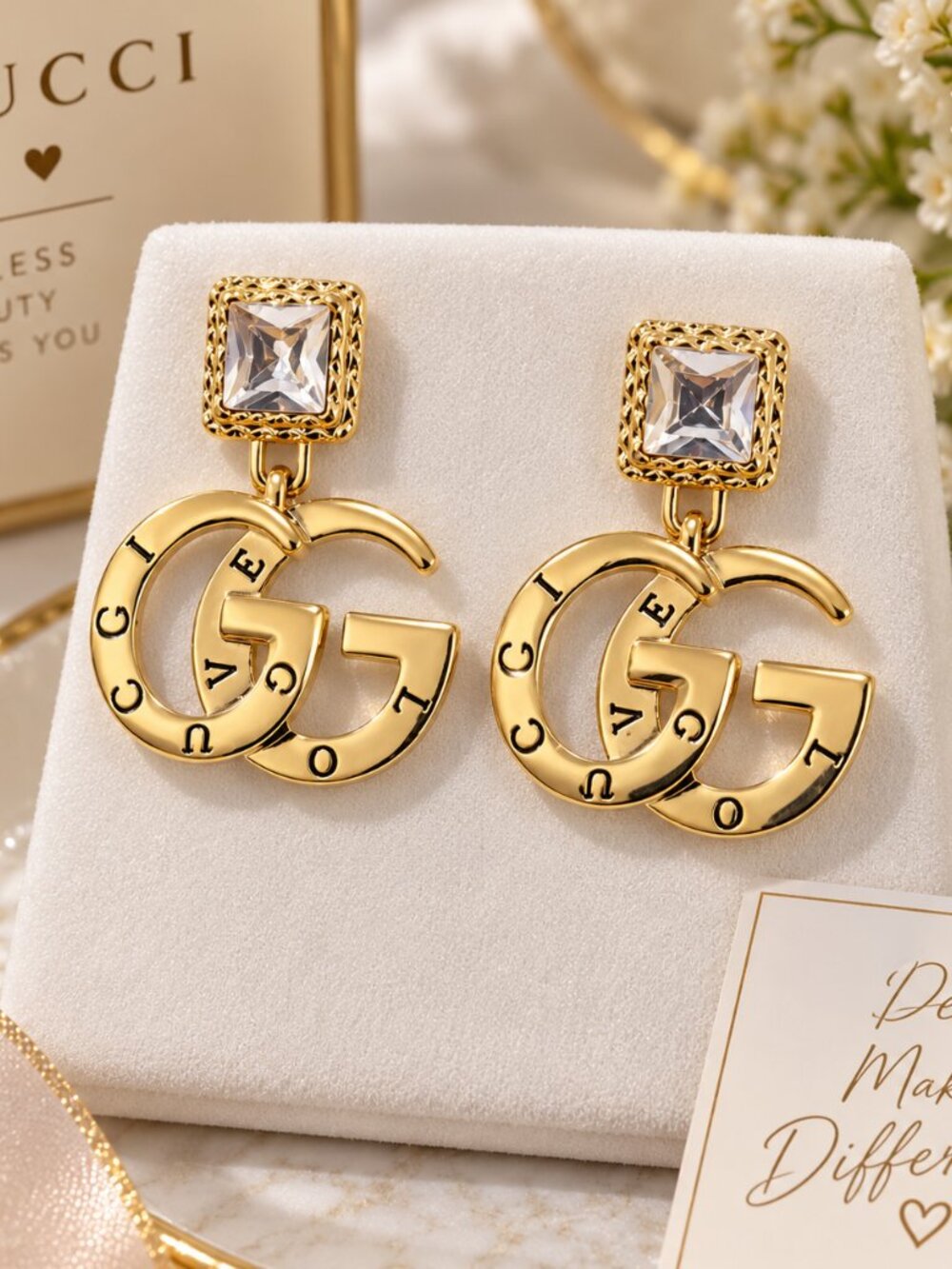 14K Laminated Gold Double G Drop Earrings with Crystal Stud
